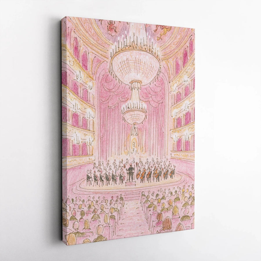 Orchestra Concert Hall Canvas Print | Whimsical Pastel Pink Opera House Sketch | Gallery Wrapped Premium Wall Art | Musical Theater Decor Gift