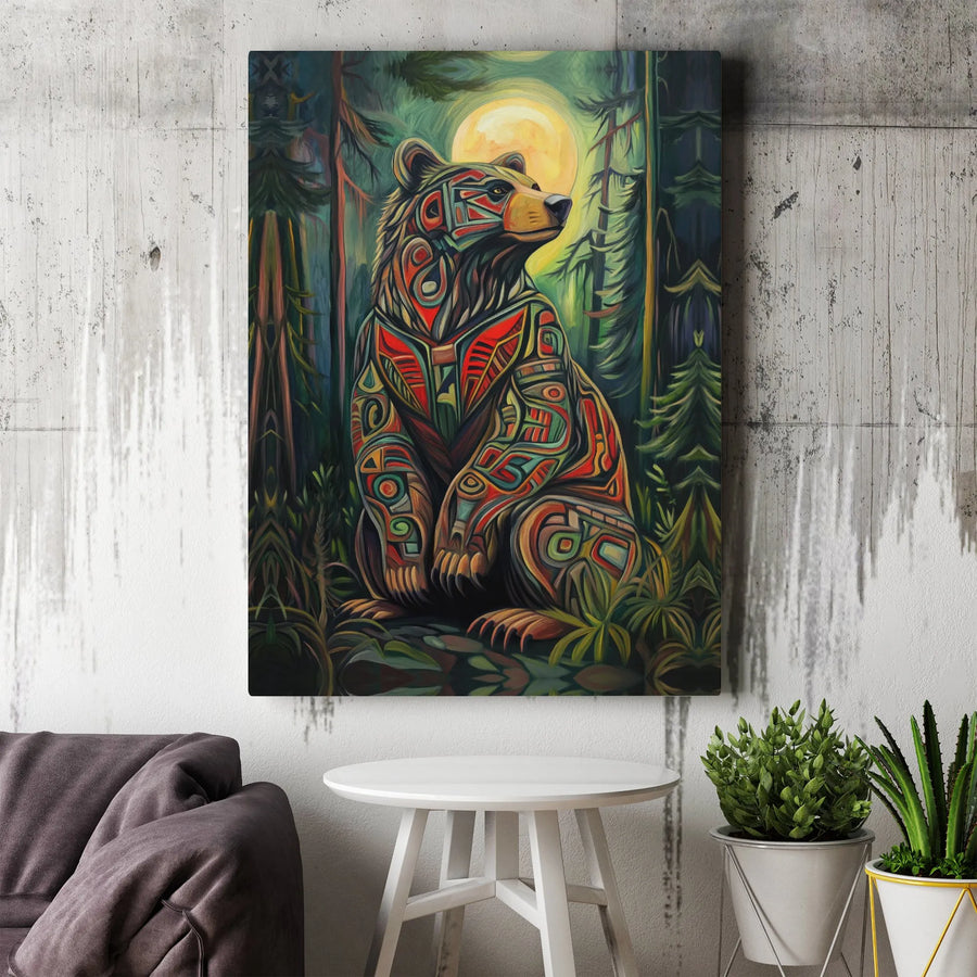 Tribal Bear Canvas Wall Art | Geometric Wildlife Forest Print | Premium Gallery Wrap Decor | Ready to Hang Nature Gift for Home