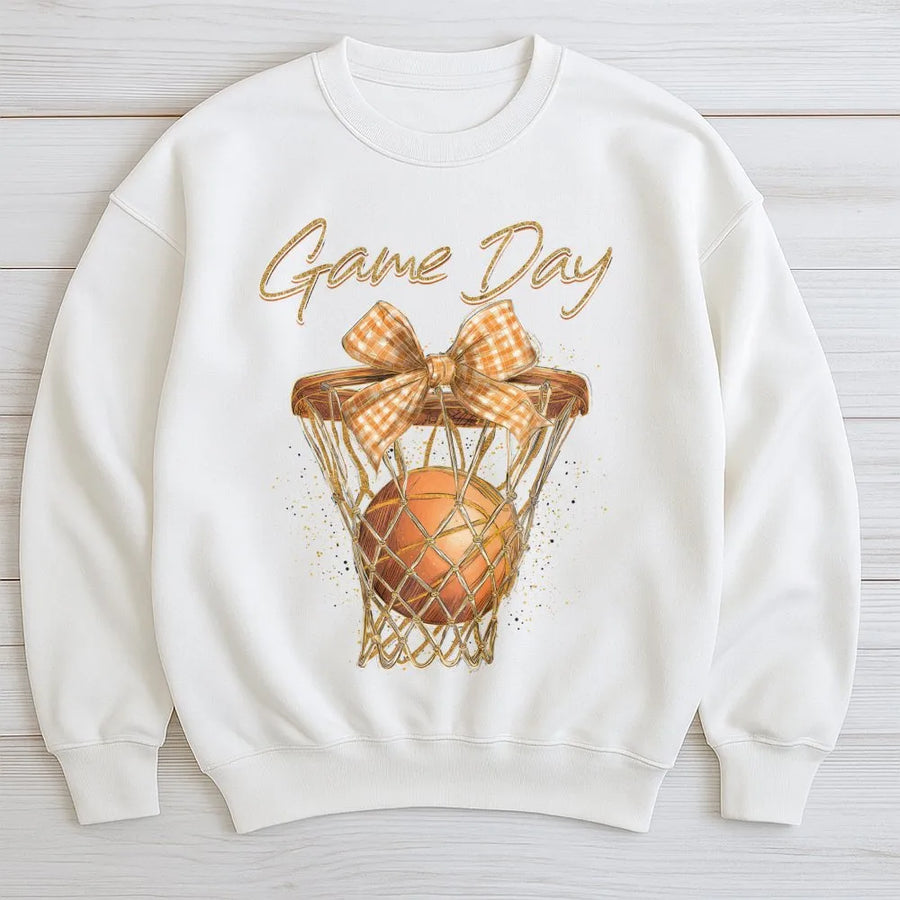Game Day Basketball Sweatshirt | Retro Bow Hoop Design | Premium Cotton Blend | Trendy Coquette Sporty Gift for Women & Basketball Mom