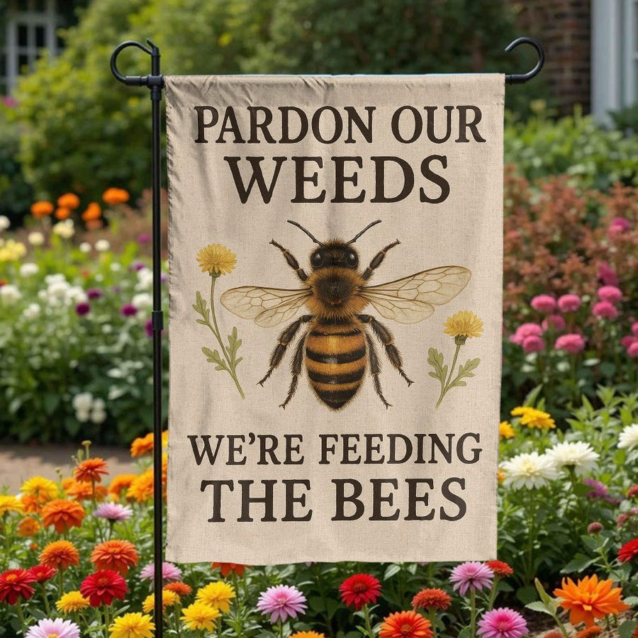 Pardon Our Weeds Bee Garden Flag | Eco-Friendly Pollinator Design | Durable Weather-Resistant Polyester | Perfect Gift for Gardeners and Nature Lovers