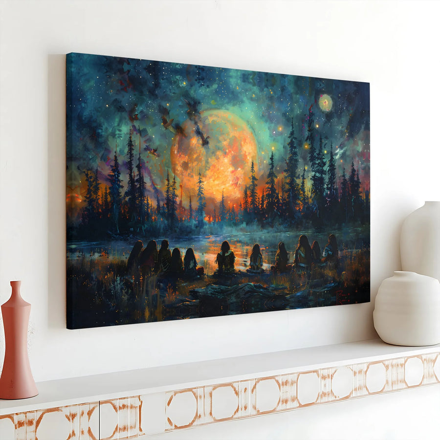 Mystical Moonlit Lake Canvas Wall Art | Surreal Night Sky Landscape | Premium Gallery Wrap Print | Dreamy Home Decor Gift for Nature Lovers
