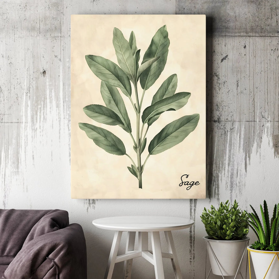 Sage Botanical Canvas Print | Vintage Herb Illustration Wall Art | Premium Gallery Wrapped Canvas | Farmhouse Kitchen Decor Gift