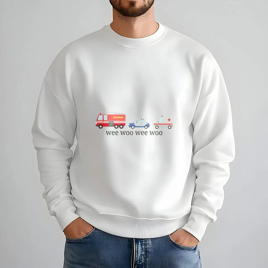 Wee Woo Sweatshirt | Cute Emergency Vehicle Graphic Sweatshirt | Premium Cotton Blend | Gift for EMT Firefighter Police