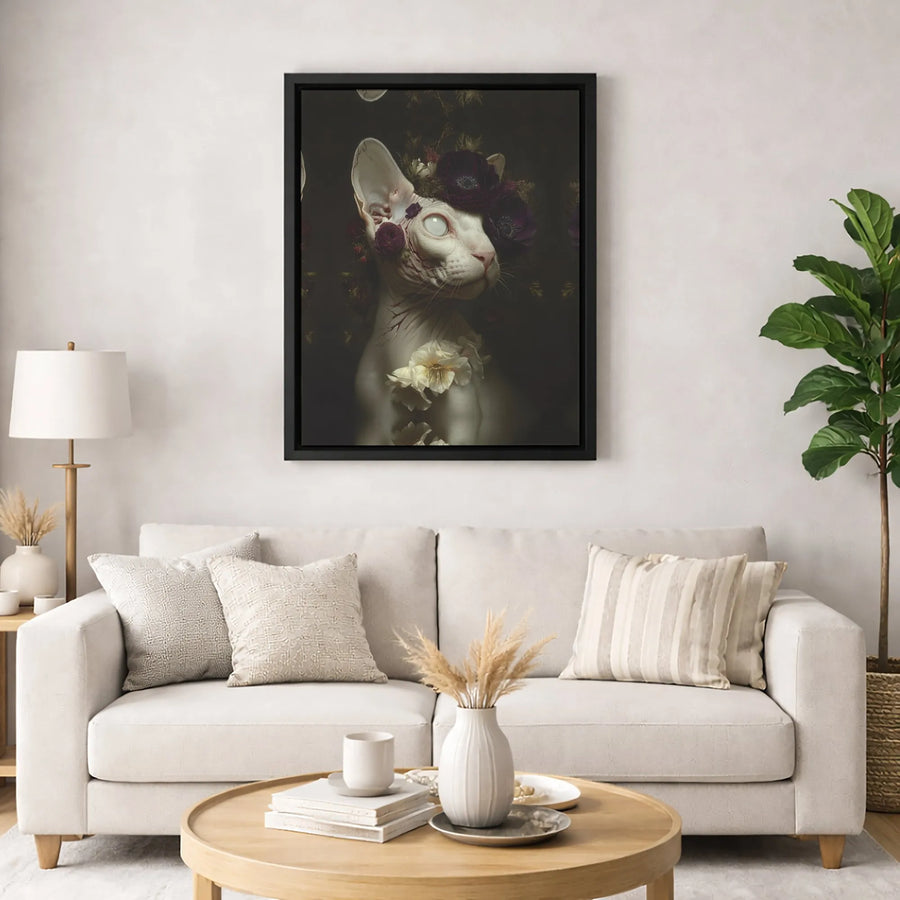 Gothic Sphynx Cat Canvas Art | Dark Floral Crown Wall Decor | Premium Fade-Resistant Print | Moody Witchy Home Aesthetic Gift