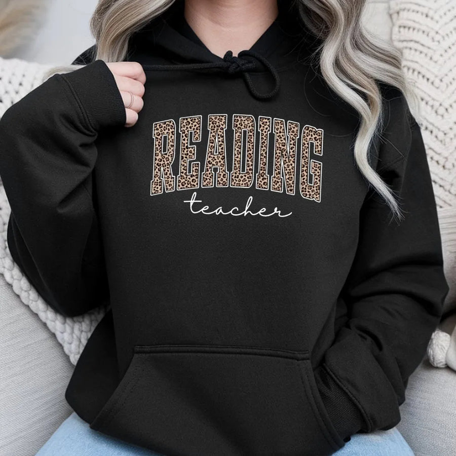 Leopard Print Reading Teacher Hoodie | Librarian School Team Apparel | Soft Cotton-Polyester Blend | Premium Gift for Educators and Book Lovers