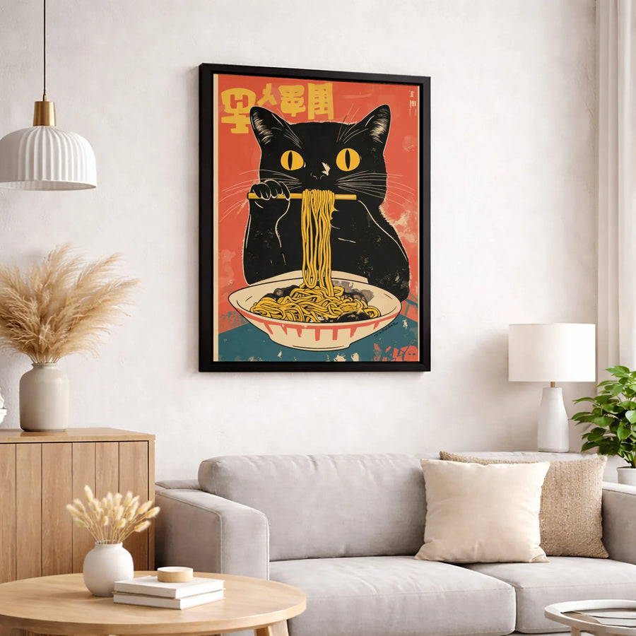 Black Cat Ramen Canvas Wall Art | Vintage Japanese Style Anime Poster | Premium 1.25-Inch Gallery Wrap | Funny Kitchen Decor Gift for Cat Lovers