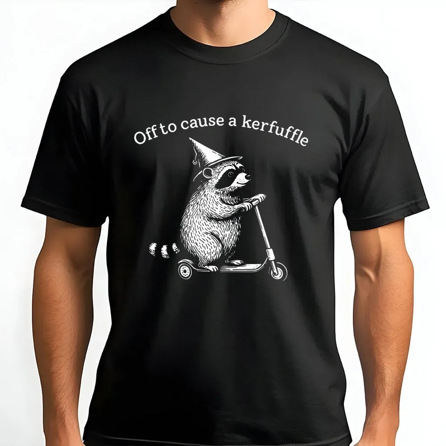 Raccoon Scooter T-Shirt | Off To Cause A Kerfuffle Funny Graphic | Soft Cotton Premium Tee | Unique Animal Gift For Raccoon Lovers