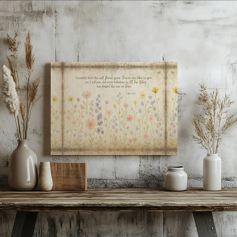 Luke 12:27 Bible Verse Wall Art | Consider How The Wildflowers Grow Watercolor Canvas | Premium 1.25" Gallery Wrap | Religious Home Decor Gift