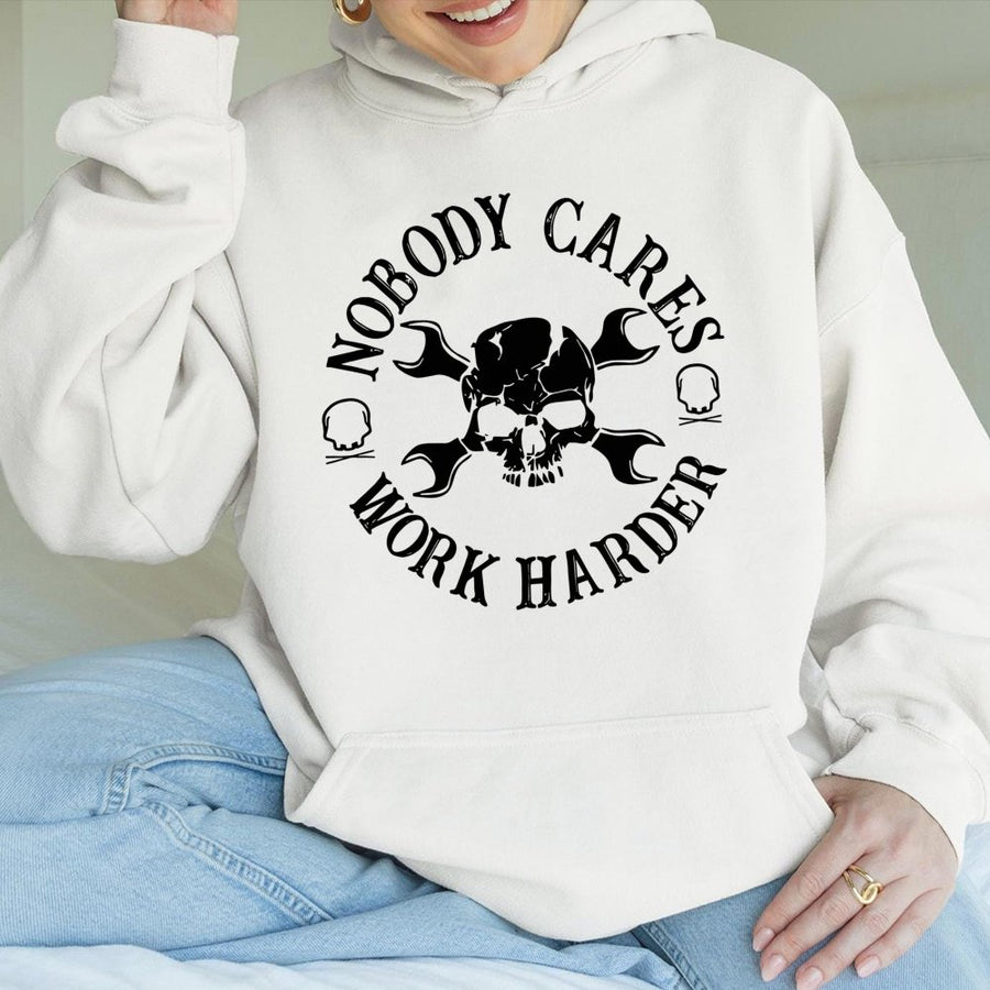 Nobody Cares Work Harder Hoodie | Skull Wrench Mechanic Graphic | Premium Cotton Blend | Motivational Gift for Gym Goers and Tradesmen