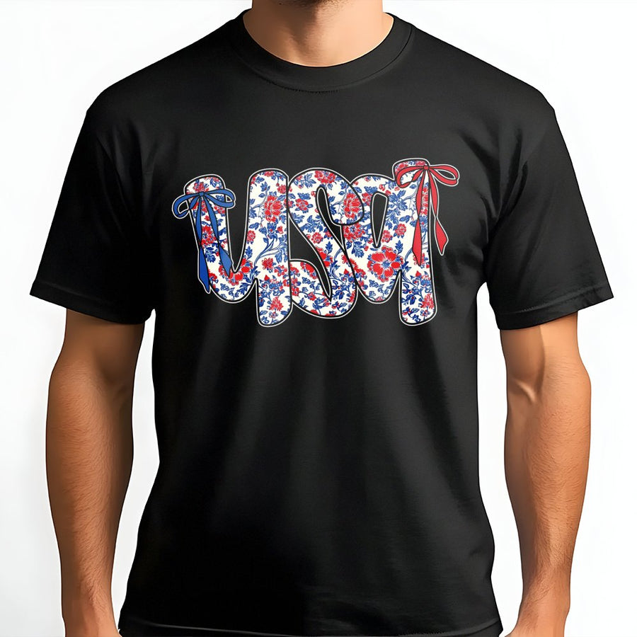 USA Floral Coquette Bow T-Shirt | Retro Red White and Blue Graphic | Premium Cotton Patriotic Tee | 4th of July Gift for Women