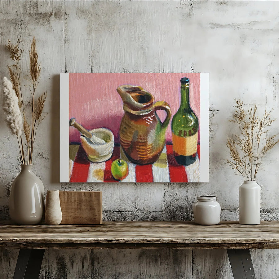 Still Life Painting Canvas Wall Art | Rustic Kitchen Scene with Wine & Apple | Premium Gallery Wrapped Canvas | Dining Room Decor Gift
