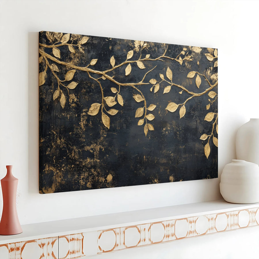 Gold Leaf Branch Canvas Wall Art | Textured Black and Gold Abstract Print | 1.25" Gallery Wrap | Premium Modern Home Decor