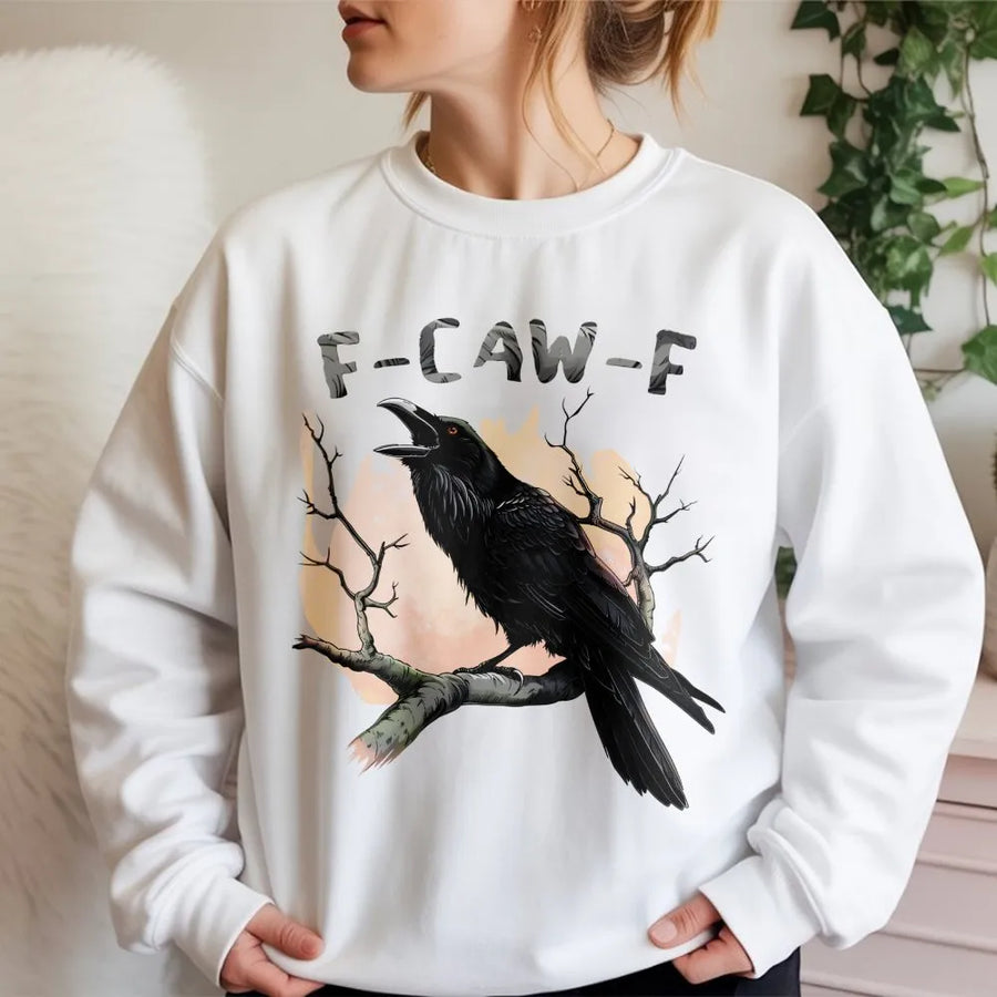 Funny Crow Sweatshirt | F-CAW-F Pun Graphic Design | Premium Cotton Blend Crewneck | Gothic Bird Lover Gift for Men and Women