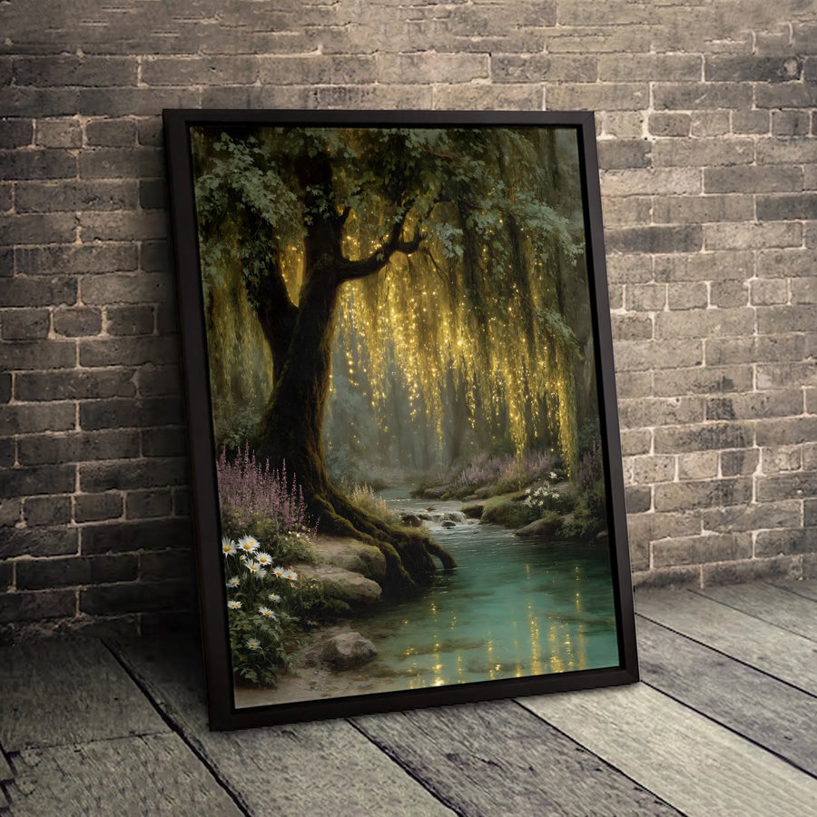 Enchanted Forest Canvas Wall Art | Glowing Willow Tree Landscape | Premium Fade-Resistant Gallery Wrap | Magical Nature Decor For Home Office