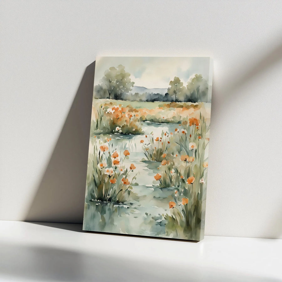 Watercolor Wildflower River Canvas | Boho Botanical Wall Art | Premium Gallery Wrapped Print | Farmhouse Living Room Decor Gift