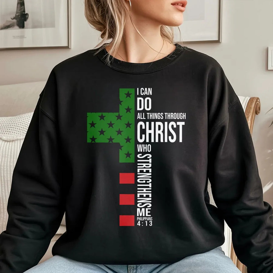 Philippians 4:13 Sweatshirt | Pan-African Flag Cross Graphic | Premium Cotton Blend | Faith-Based Christian Gift for Men and Women