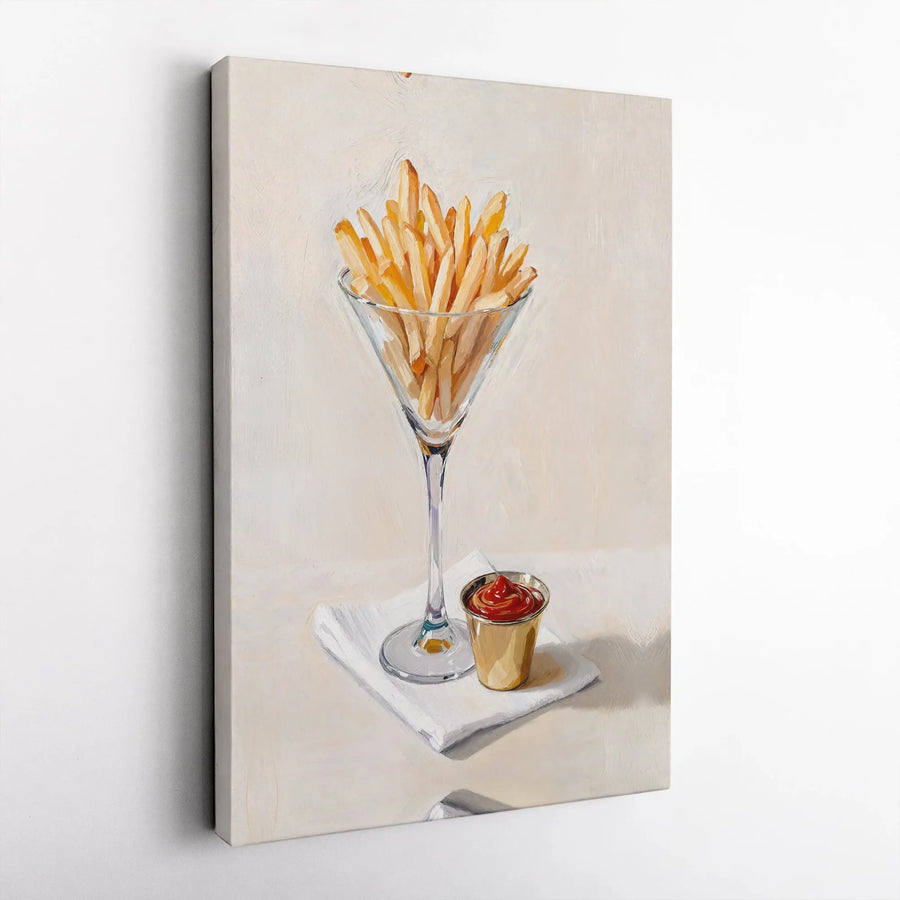 French Fries Martini Glass Canvas Print | Oil Painting Style Food Art | Gallery Wrap Wall Decor | Unique Kitchen Dining Room Gift