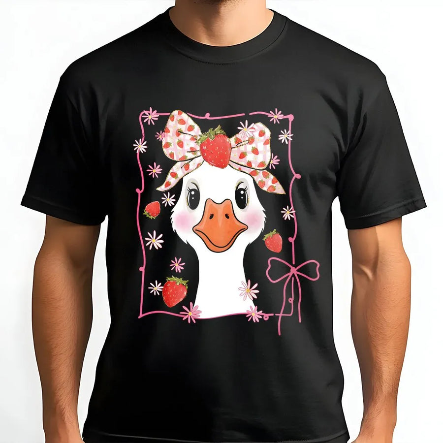 Cute Strawberry Goose T-Shirt | Coquette Aesthetic Bow Graphic | 100% Cotton Premium Tee | Cottagecore Gift for Her