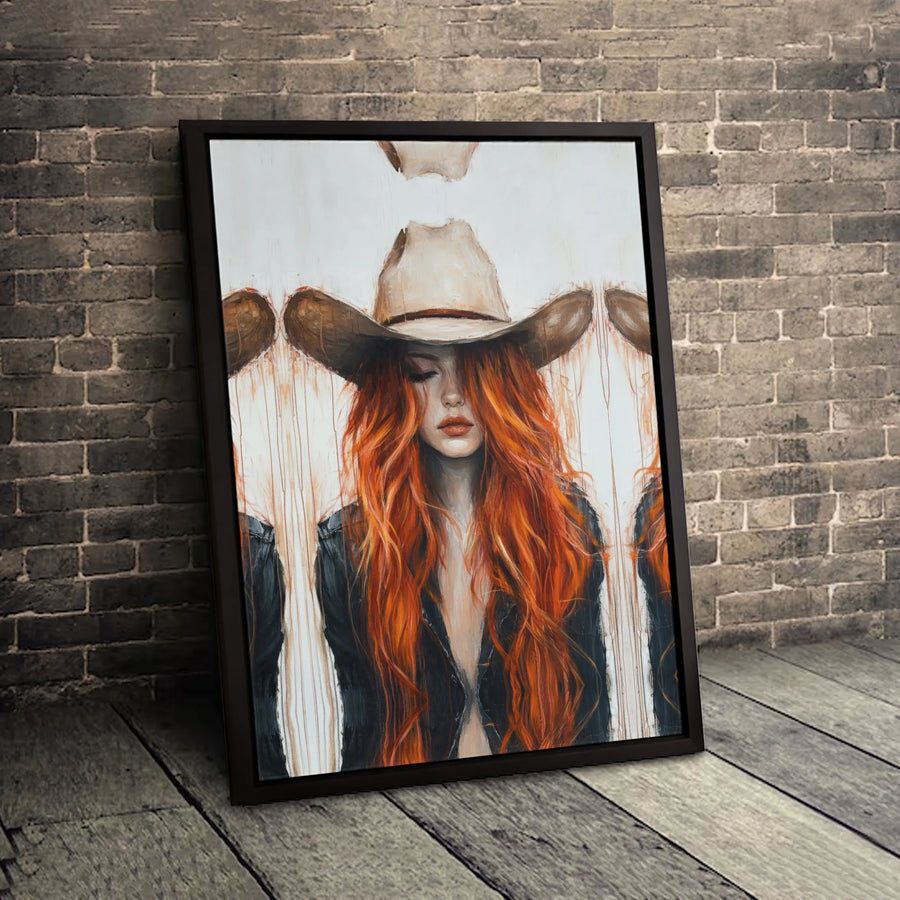 Western Cowgirl Canvas Wall Art | Abstract Redhead Cowboy Hat Portrait | Premium 1.25" Gallery Wrap | Modern Home Decor Gift