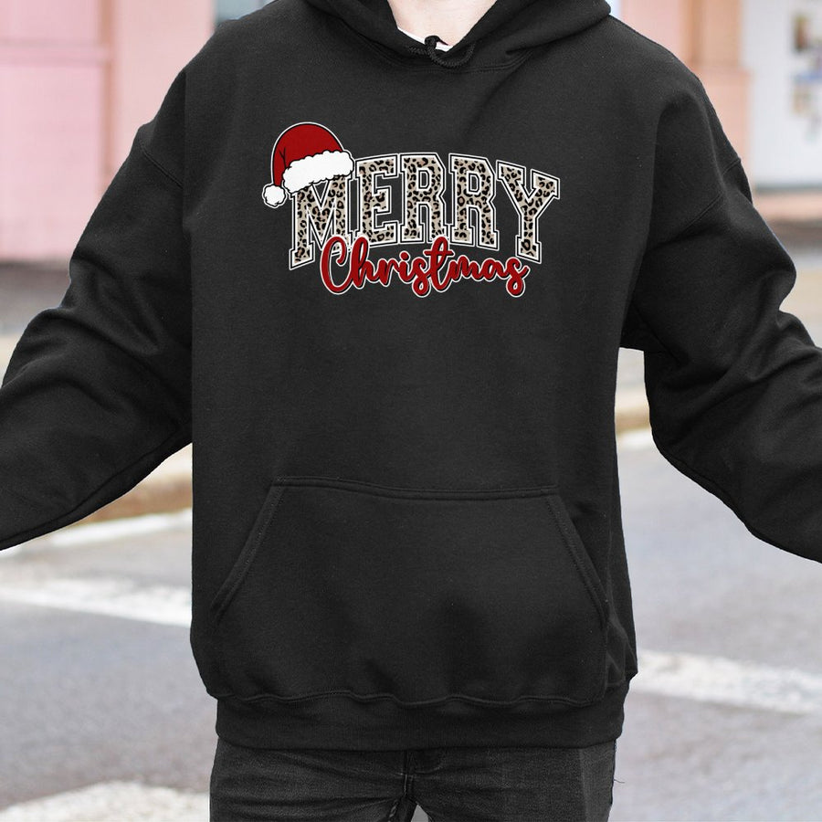 Merry Christmas Hoodie | Leopard Print Lettering with Santa Hat | Premium Cotton-Poly Blend | Festive Holiday Gift for Women and Men