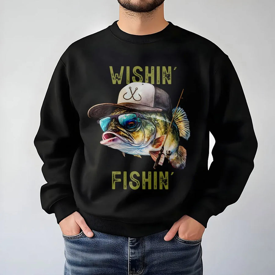 Wishin' I Was Fishin' Sweatshirt | Cool Bass Fishing Graphic | Premium Cotton Blend | Gift for Fishermen & Outdoor Enthusiasts