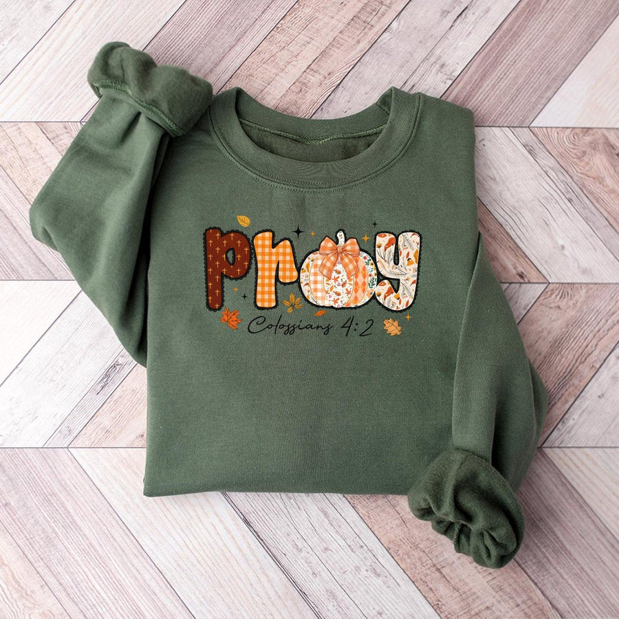 Pray Fall Pumpkin Sweatshirt | Colossians 4:2 Scripture Graphic | Cozy Cotton Blend Unisex Crewneck | Christian Faith Autumn Gift for Women