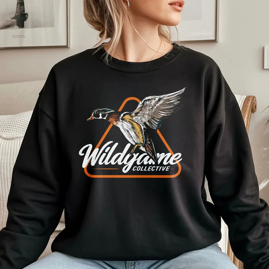 Wood Duck Sweatshirt | Realistic Flying Waterfowl Graphic | Soft Cotton Blend Crewneck | Gift for Hunter, Outdoorsman Apparel