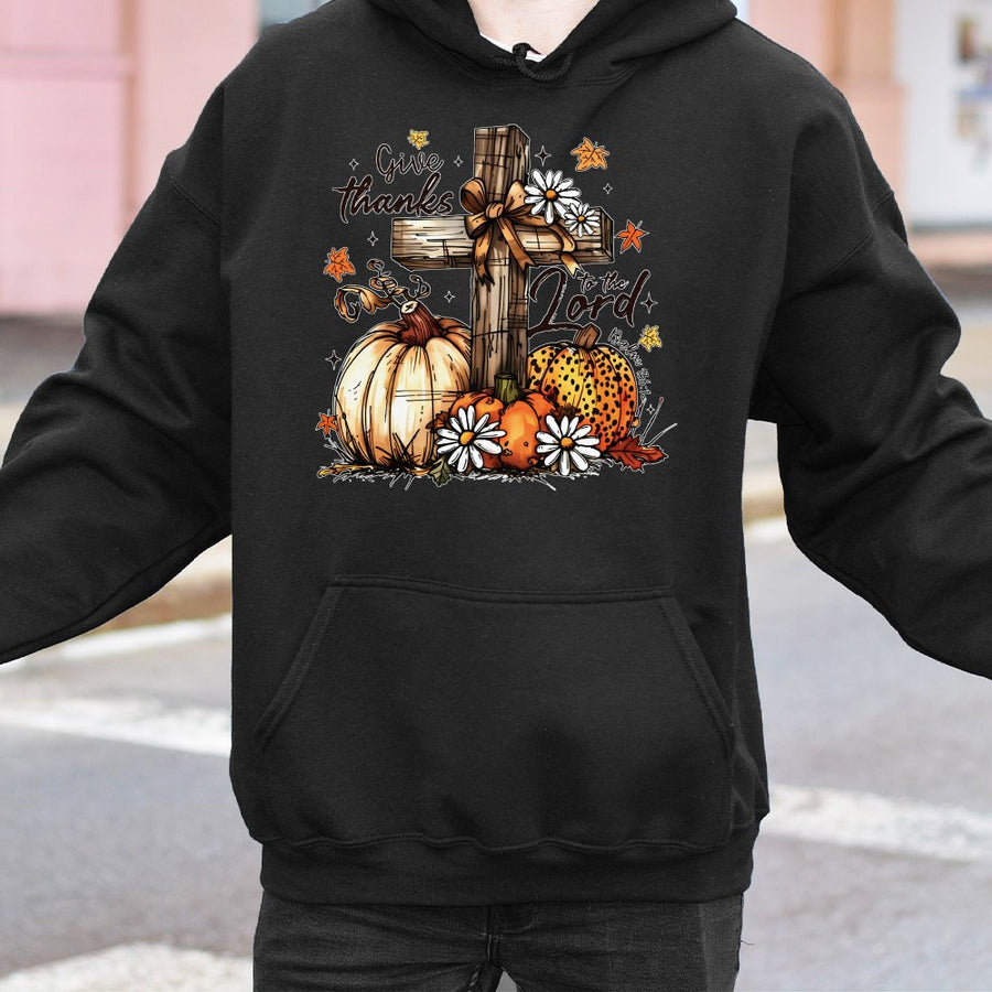 Give Thanks To The Lord Hoodie | Religious Autumn Fall Pumpkin Graphic | Premium Cotton Blend | Christian Faith Thanksgiving Gift