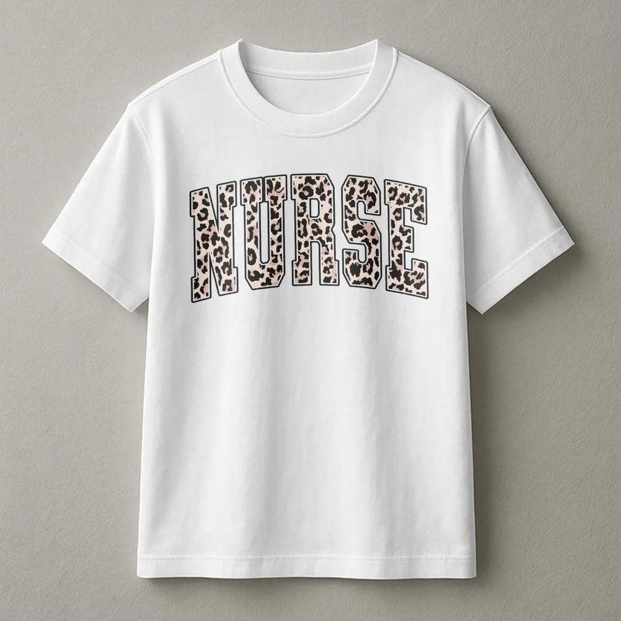 Nurse T-Shirt | Leopard Print Collegiate Lettering | 100% Cotton Premium Tee | Unique Gift for RN Nursing Student or Healthcare Worker