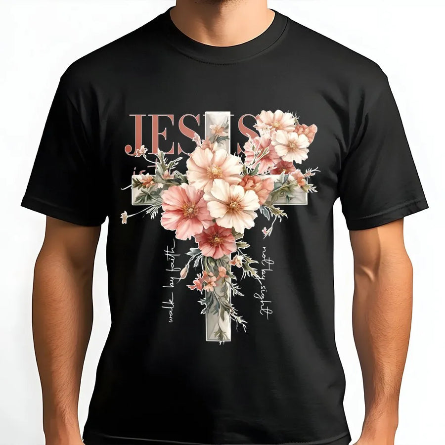 Floral Cross Jesus T-Shirt | Walk By Faith Scripture Graphic | Premium Soft Cotton Tee | Inspirational Christian Gift for Women and Men