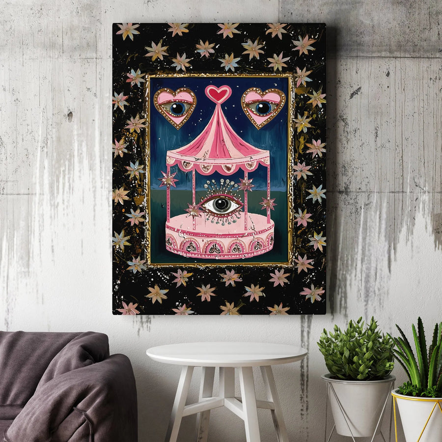 Surreal Pink Carousel Canvas Wall Art | Mystic All-Seeing Eye Print | Premium Gallery Wrap Decor | Gothic Aesthetic Home Gift