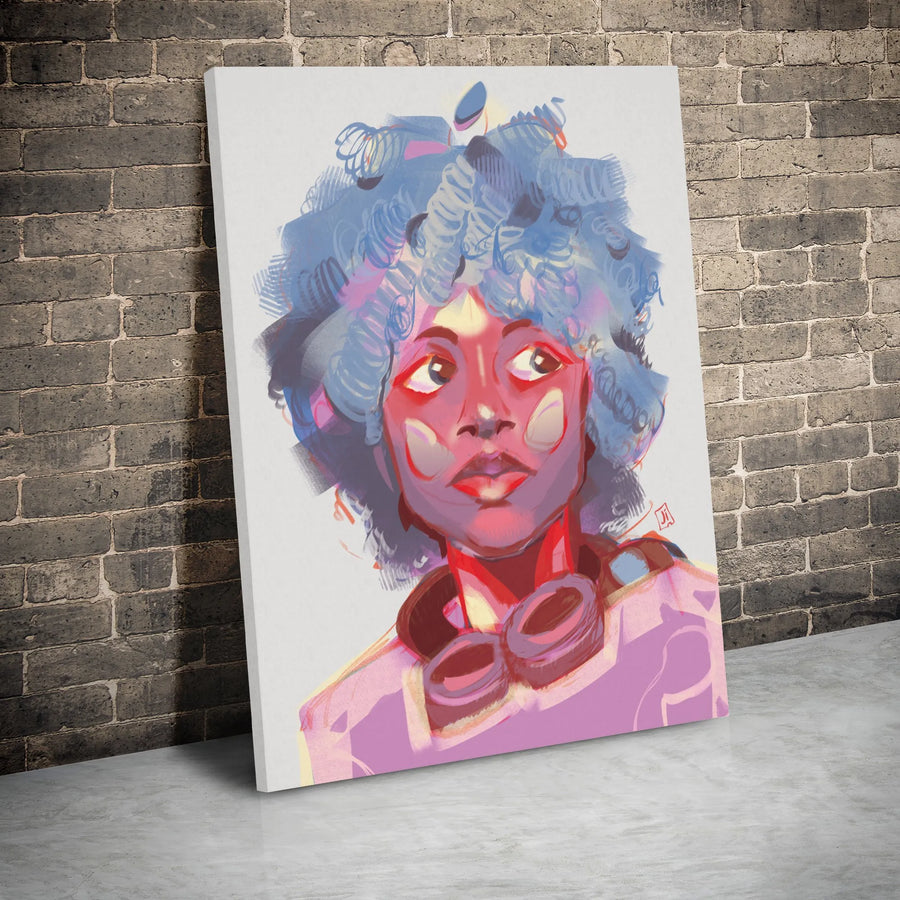 Abstract Portrait Canvas Print | Woman With Blue Hair & Headphones | Gallery Wrapped Premium Wall Art | Contemporary Music Lover Gift