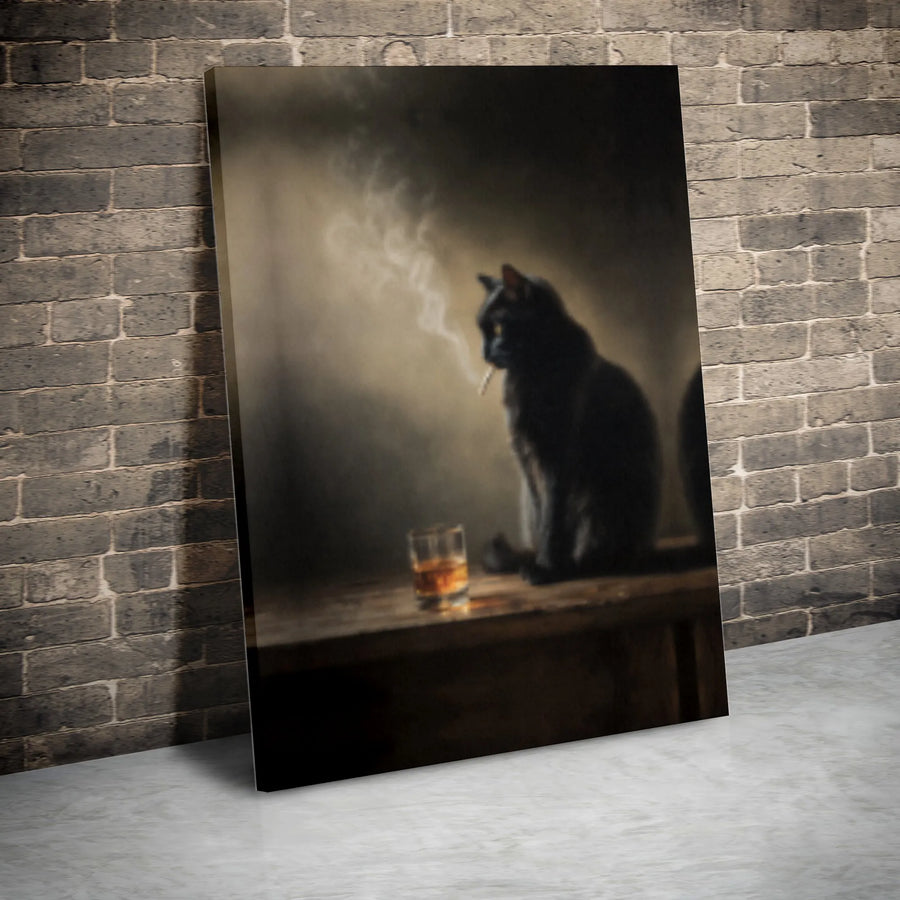 Black Cat Smoking Canvas Art | Moody Whiskey Bar Aesthetic | Premium Gallery Wrap Print | Unique Gift for Cat Lovers & Home Office Decor