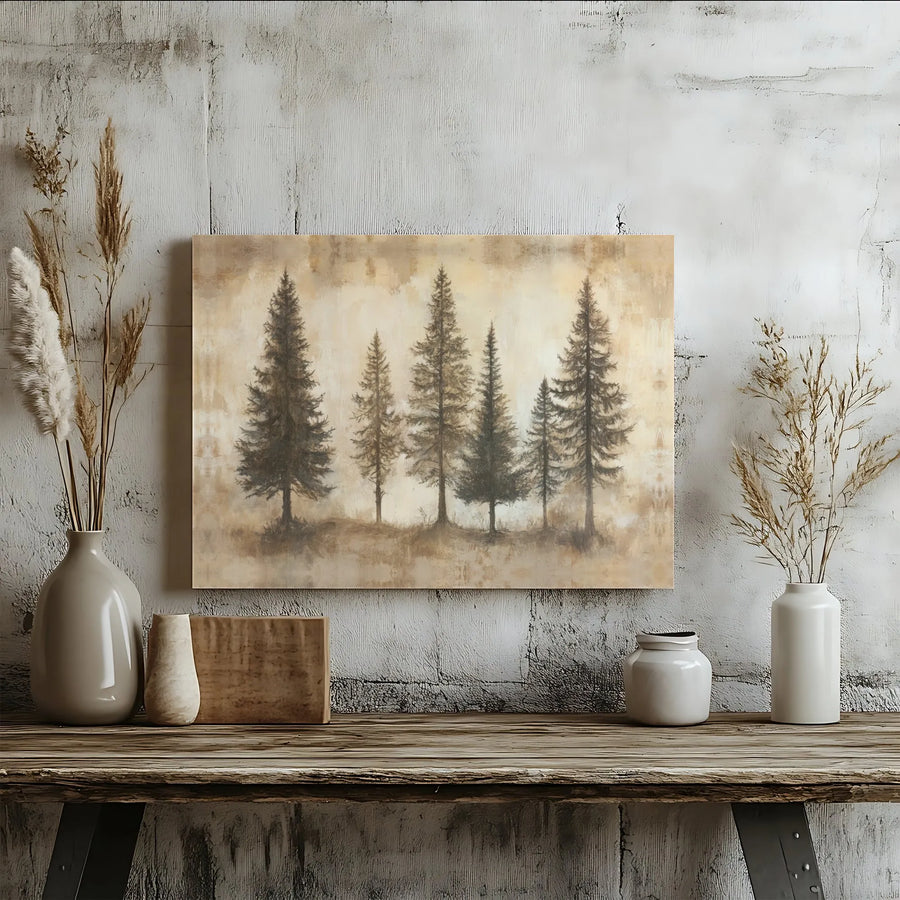 Rustic Pine Tree Forest Canvas | Horizontal Woodland Nature Wall Art | 1.25-Inch Gallery Wrap | Premium Neutral Home Decor for Living Room