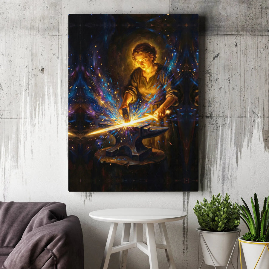 Fantasy Blacksmith Canvas Art | Magical Sword Forging Wall Decor | 1.25-Inch Gallery Wrap Print | Epic Gamer Room & Office Decor