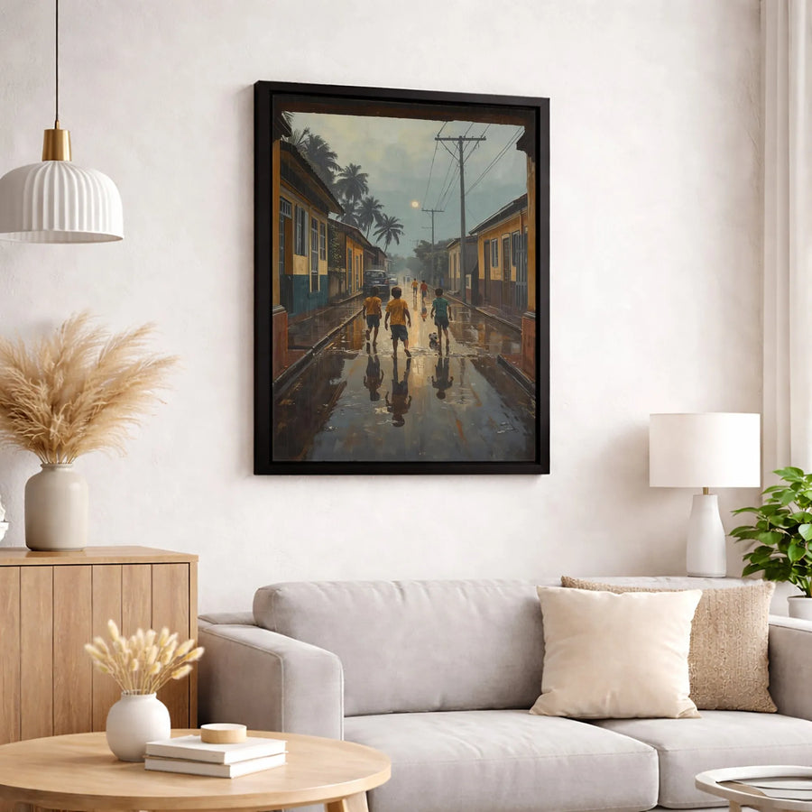 Tropical Street Soccer Canvas Art | Nostalgic Rainy Village Scene | Premium Gallery-Wrapped Print | Meaningful Childhood Memory Home Decor Gift
