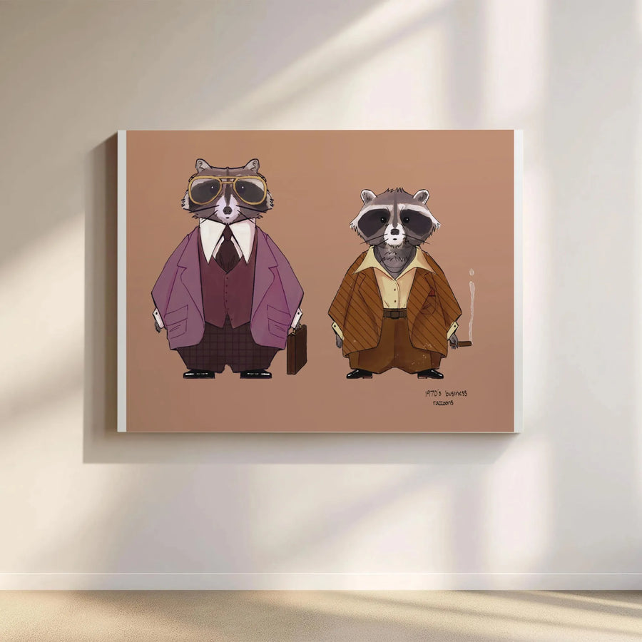 Retro Raccoon Canvas Wall Art | Funny 1970s Gangster Animal Illustration | Premium Thick Canvas Print | Unique Gift for Home Office or Man Cave Decor