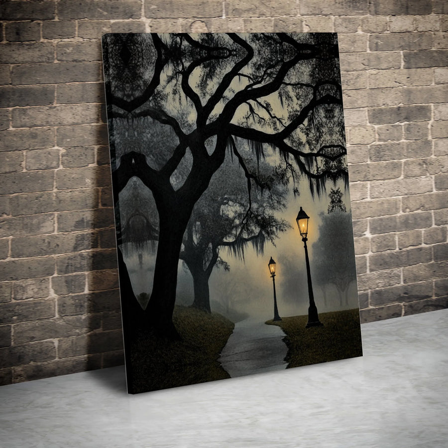 Foggy Oak Tree Wall Art | Moody Southern Gothic Landscape | 1.25-Inch Premium Gallery Canvas | Atmospheric Home & Office Decor