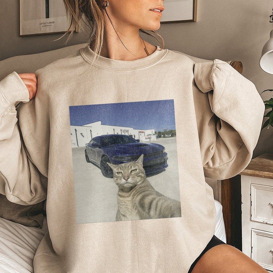 Funny Cat Selfie Sweatshirt | Viral Meme Graphic Pullover | Soft Cotton Blend Unisex Apparel | Unique Animal Lover Gift for Men and Women