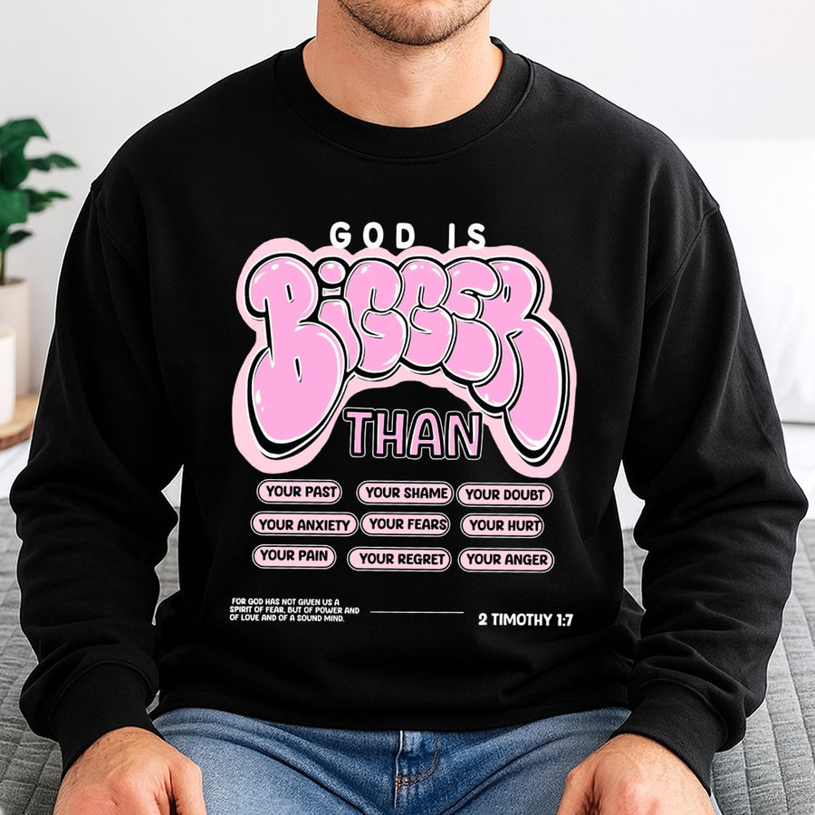 God Is Bigger Than Sweatshirt | Christian Faith Bible Verse Graphic | Premium Cotton Blend Crewneck | Religious Gift for Men and Women