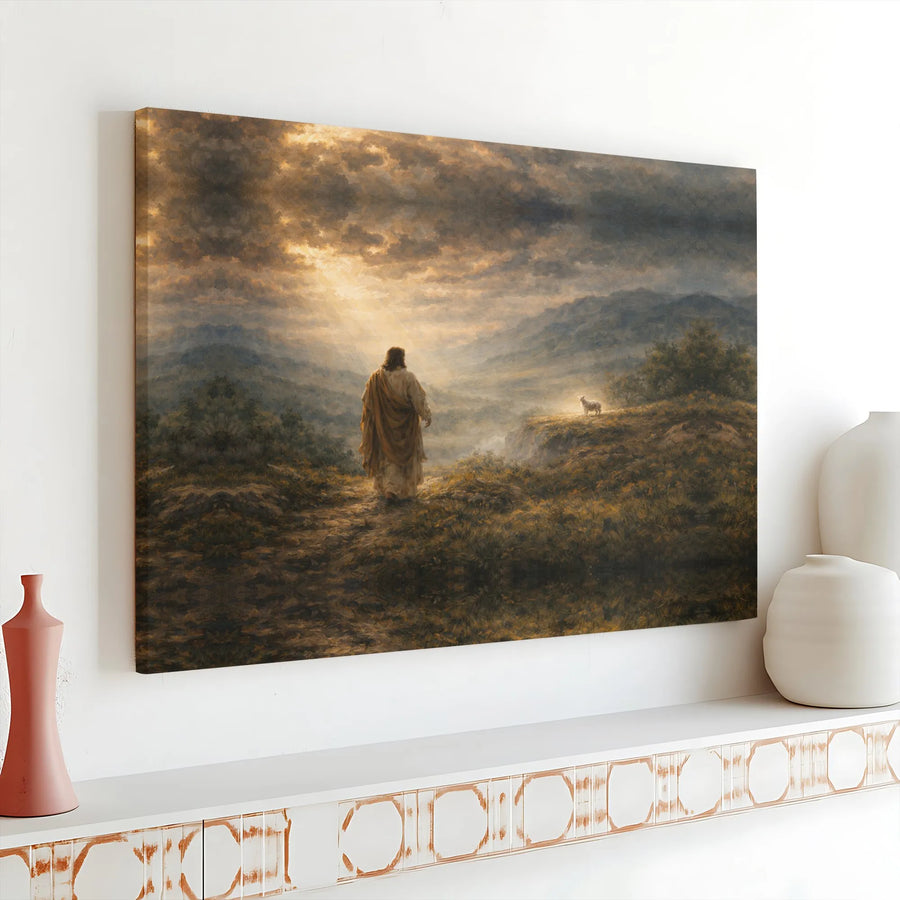 Jesus and the Lost Lamb Canvas Wall Art | Scenic Christian Painting Art | Premium Gallery Wrap Canvas | Inspirational Gift for Christian Home Decor