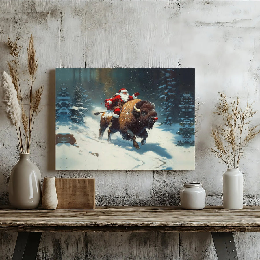 Santa Riding Bison Canvas Wall Art | Whimsical Snowy Forest Christmas Decor | 1.25 Inch Premium Gallery Wrap | Unique Holiday Gift for Wildlife Lovers