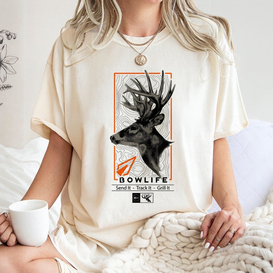 Bowhunting T-Shirt | Whitetail Deer Topographic Map Graphic | 100% Cotton Premium Apparel | Gift for Bow Hunters and Archery Enthusiasts