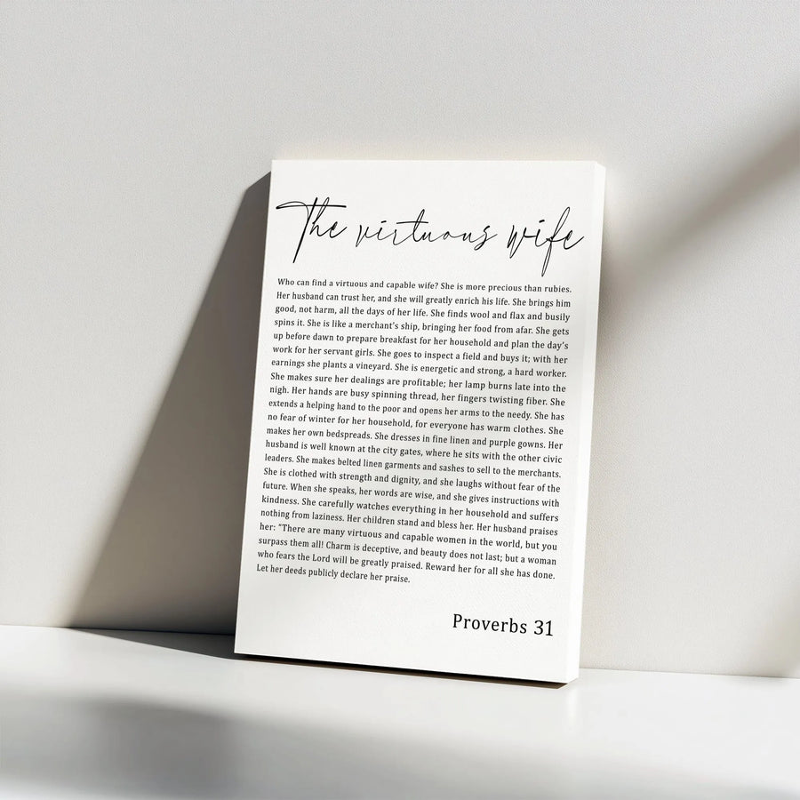 Proverbs 31 Virtuous Wife Vertical Canvas | Minimalist Scripture Typography | Premium Thick Gallery Canvas | Christian Wall Art Gift for Her