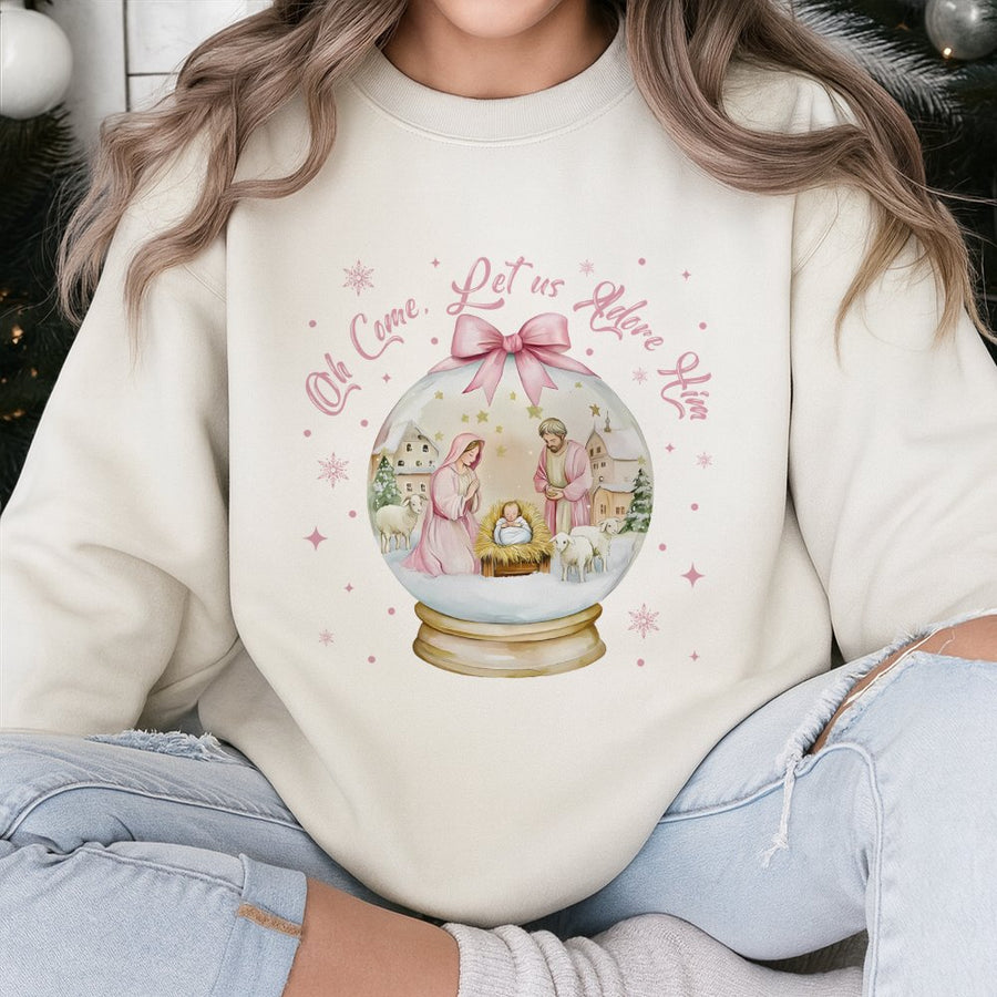 Oh Come Let Us Adore Him Sweatshirt | Nativity Snow Globe Graphic | Premium Cotton Blend | Religious Christmas Gift for Women