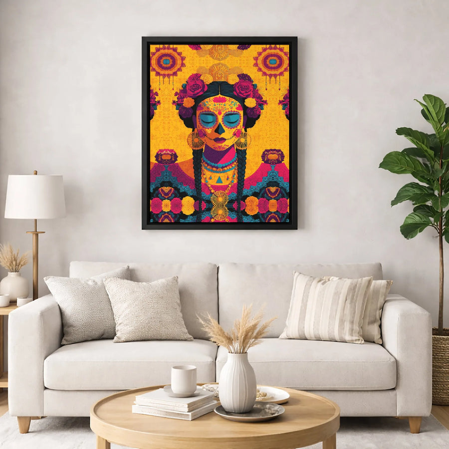 Day of the Dead Wall Art | Sugar Skull Woman Canvas Print | Premium Gallery Wrapped Decor | Dia de los Muertos Mexican Folk Art Gift