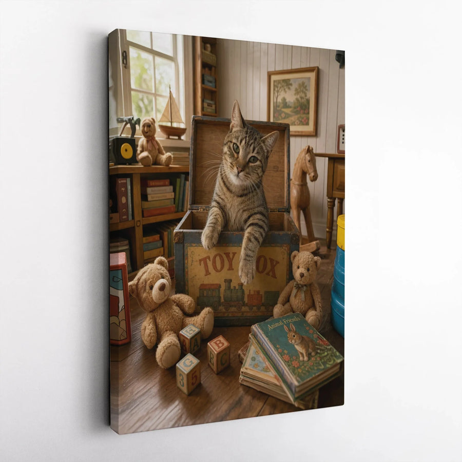 Tabby Cat in Vintage Toy Box Vertical Canvas | Rustic Playroom Scene with Teddy Bears | Premium 1.25" Gallery Wrap | Cozy Nursery Wall Art & Gift for Cat Lovers