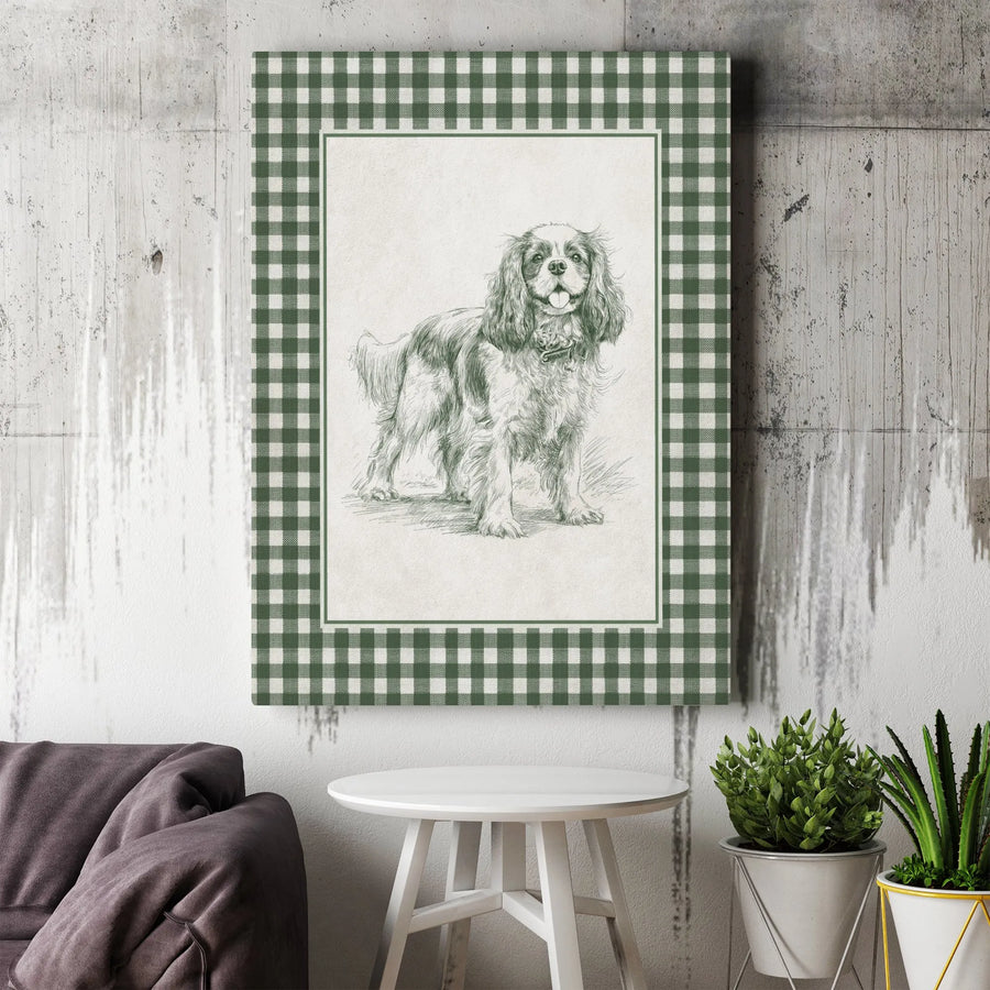 Cavalier King Charles Spaniel Canvas | Vintage Dog Sketch with Gingham Border | Premium Gallery Wrapped Art | Farmhouse Decor Gift for Dog Mom