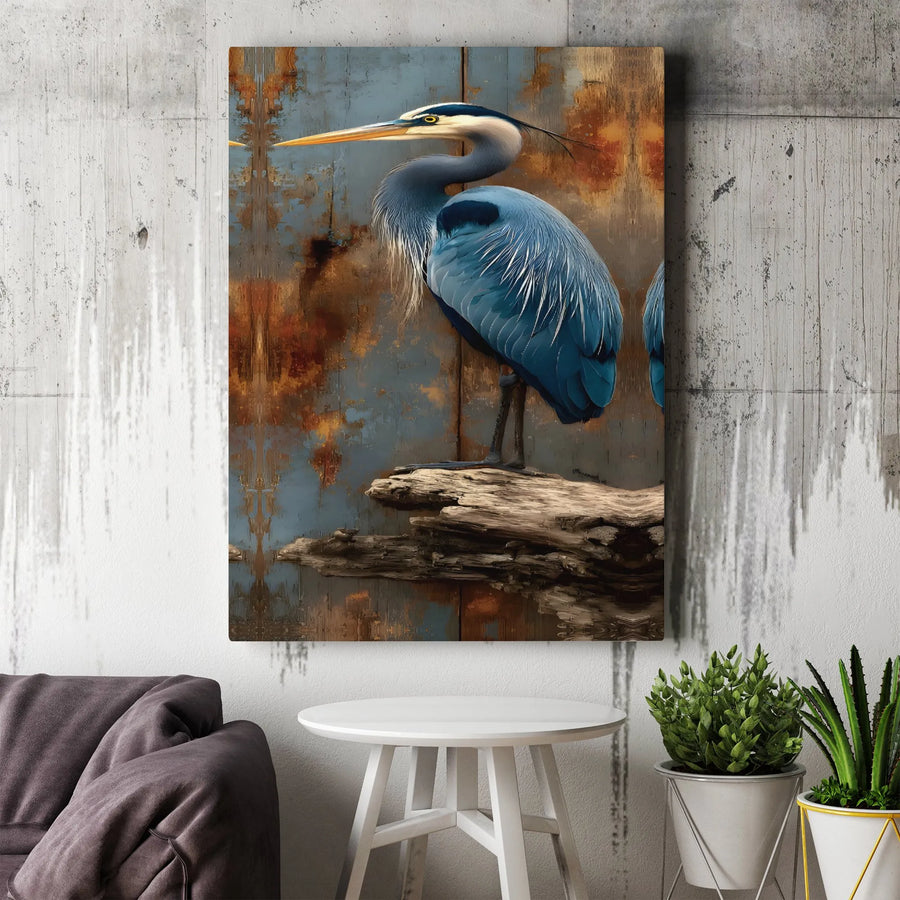 Great Blue Heron Wall Art | Rustic Industrial Bird Decor | Premium Gallery Wrapped Canvas | Coastal Farmhouse Living Room Gift