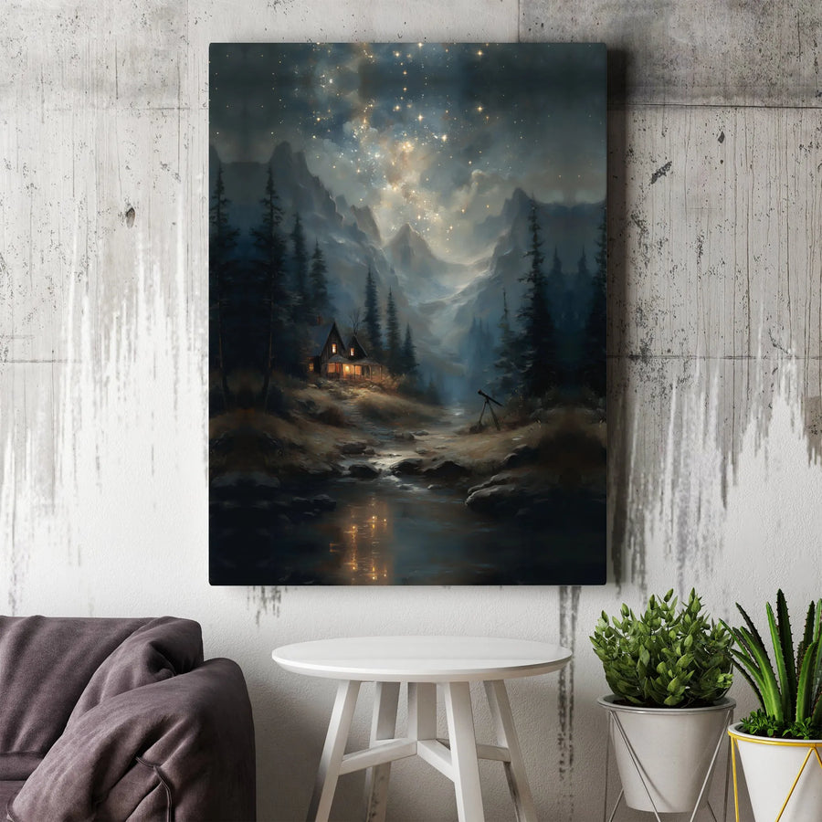 Starry Night Mountain Cabin Canvas | Stargazing Retreat Art | Premium Gallery Canvas | Rustic Home & Office Decor Gift